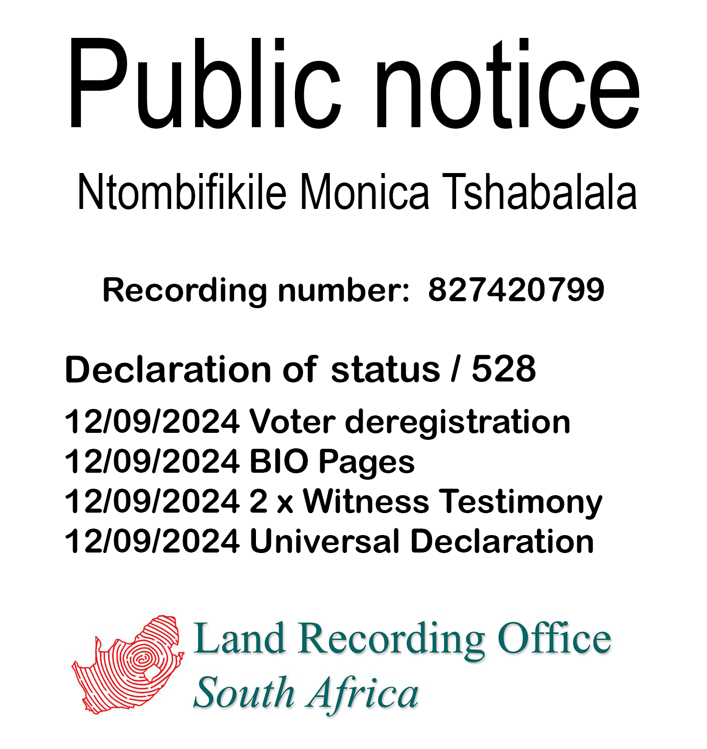 Public notice Ntombifikile Monica Tshabalala Recording number 827420799